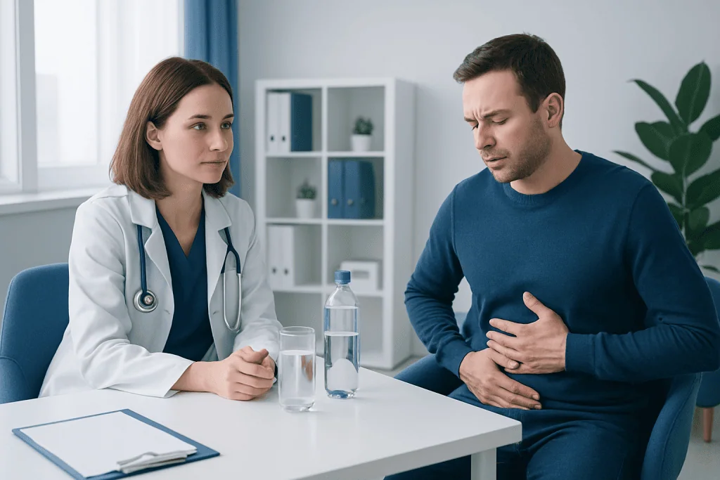 Doctor consulting with patient about stomach pain in clinic setting.