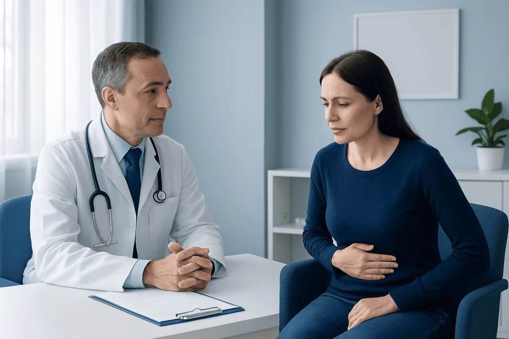 Doctor consulting with a woman patient in a medical office.