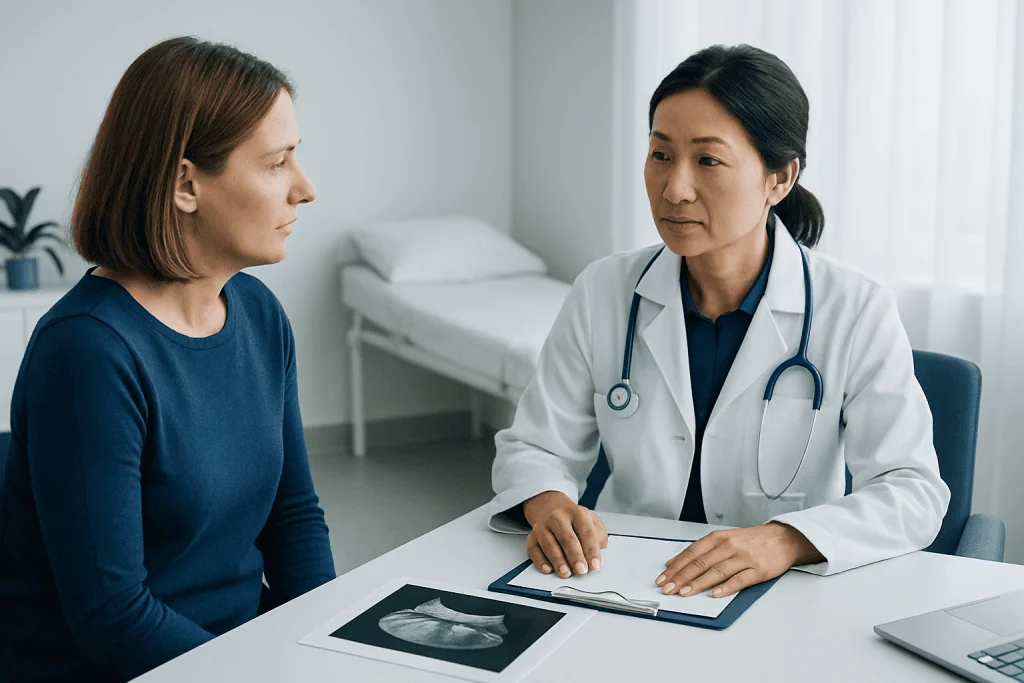 Doctor discussing medical results with a patient in a clinic setting.