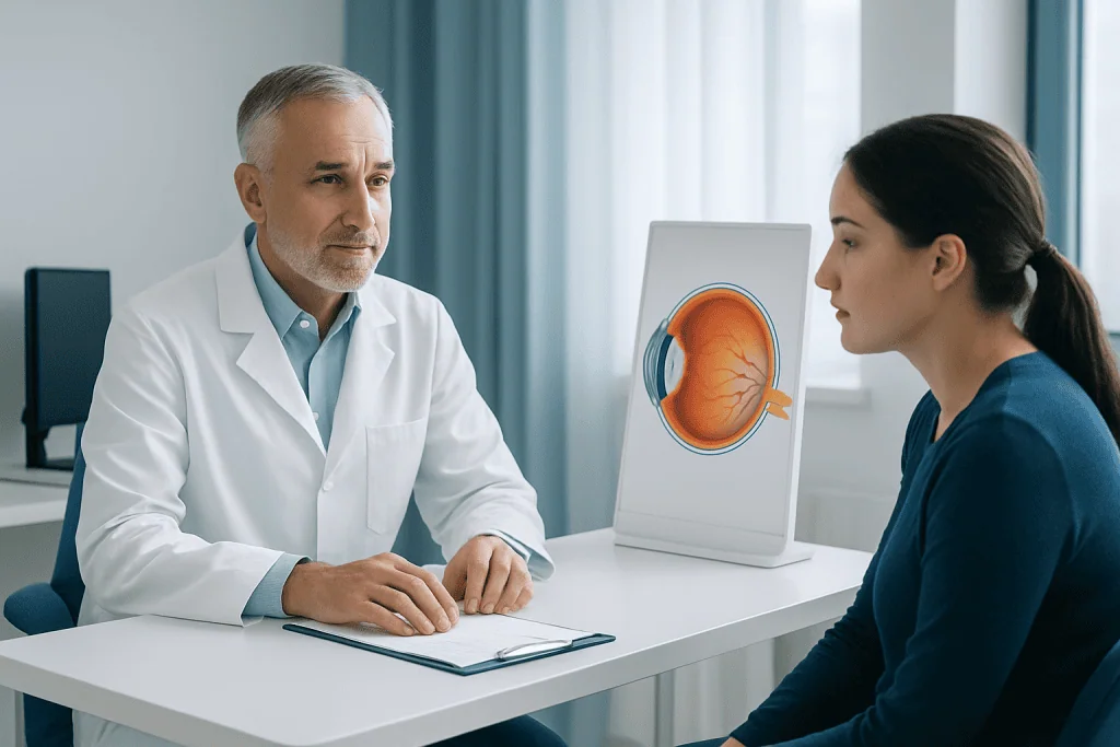 Doctor explaining eye health to a patient in a medical consultation room.