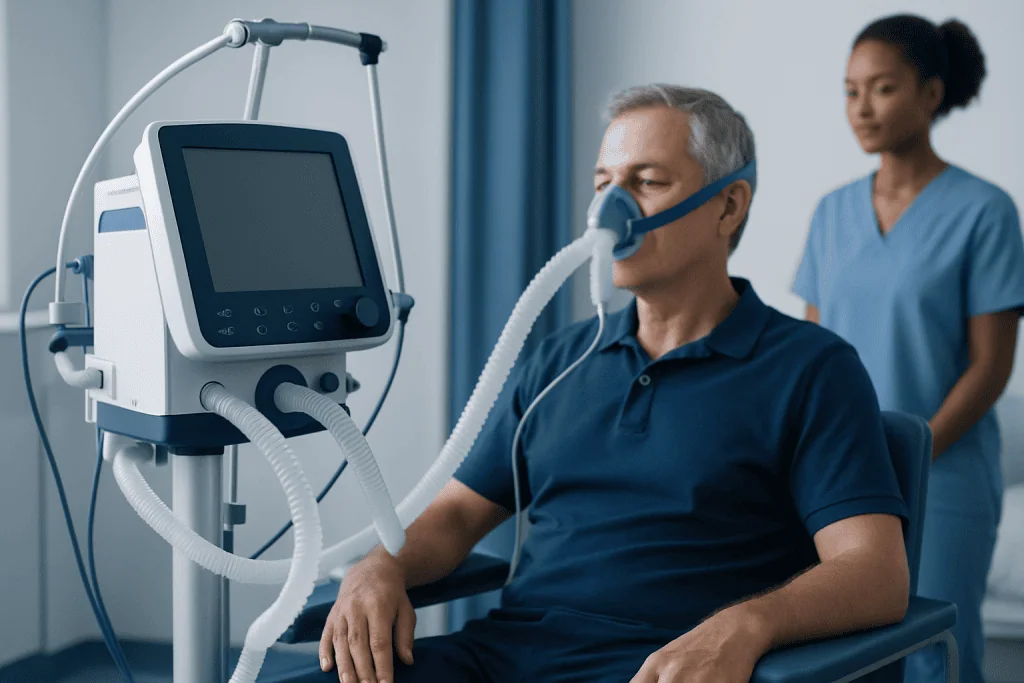 Patient using ventilator in a hospital setting with medical staff nearby.