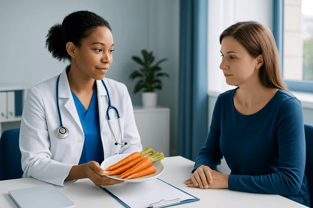 Doctor explaining nutrition to a patient with carrots on a plate.