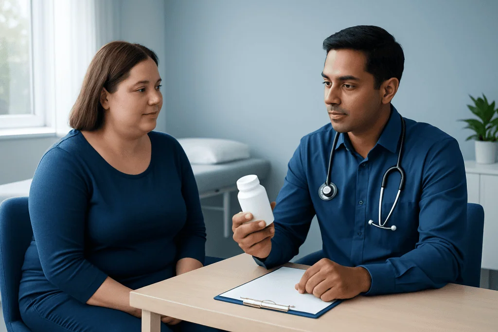Doctor consulting with a patient about weight loss supplements in a clinic.