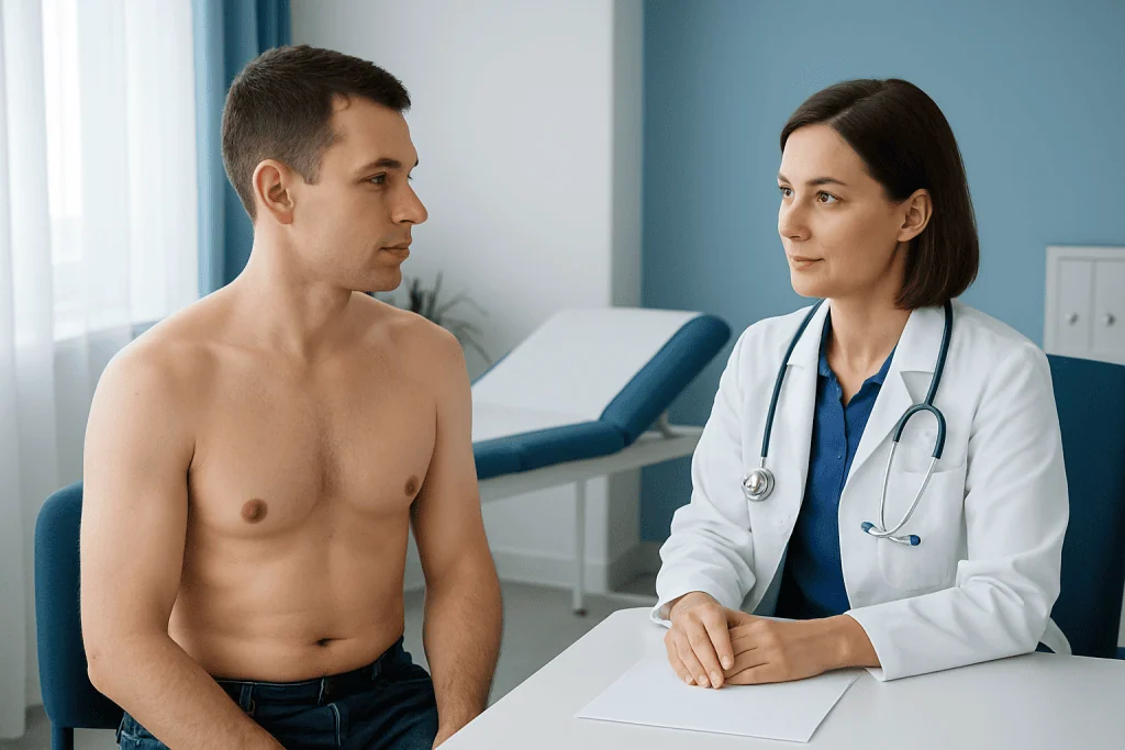 Doctor consulting male patient in a medical examination room at Acibadem Hospitals.