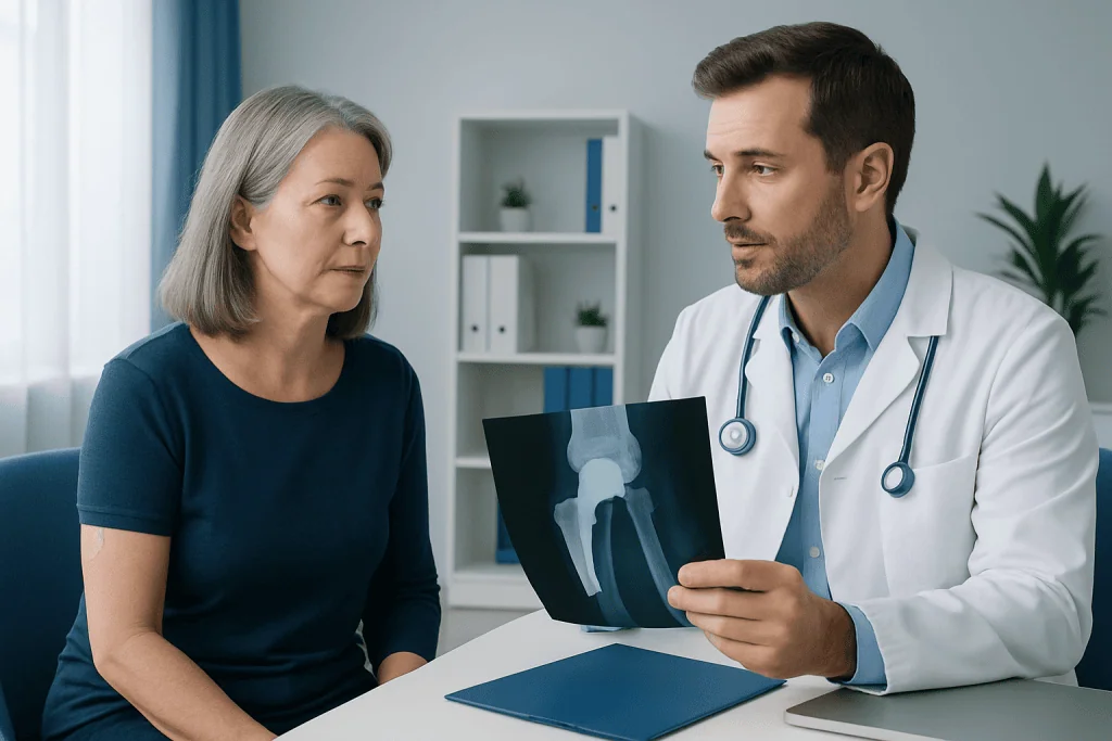 Doctor showing knee X-ray to senior woman in consultation room.