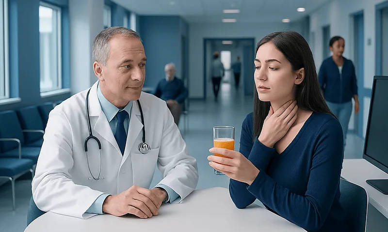 Is Orange Juice Good for Sore Throat? A Doctor-Reviewed Answer 18 Doctor consulting a patient with sore throat in hospital corridor.