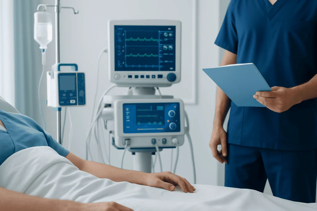 Hospital patient monitored with medical devices in a clinical setting.