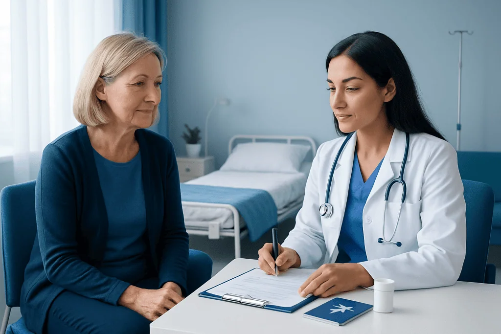 Doctor consulting with an elderly patient in a hospital room.
