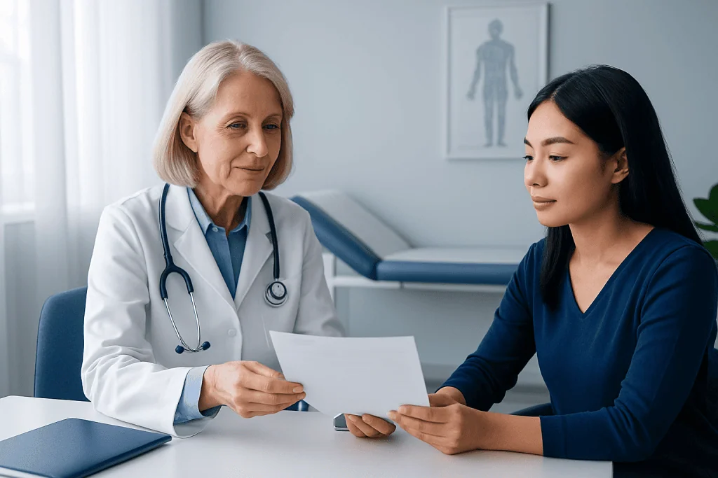 Doctor consulting with a patient in a modern medical office.