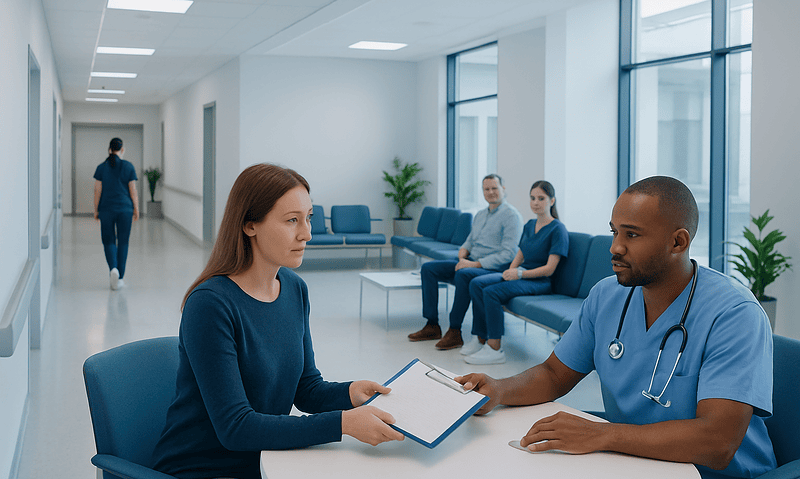 Medical consultation in a modern hospital corridor with a nurse and patients.