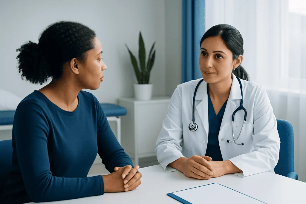 Doctor consulting with a patient in a medical office setting.