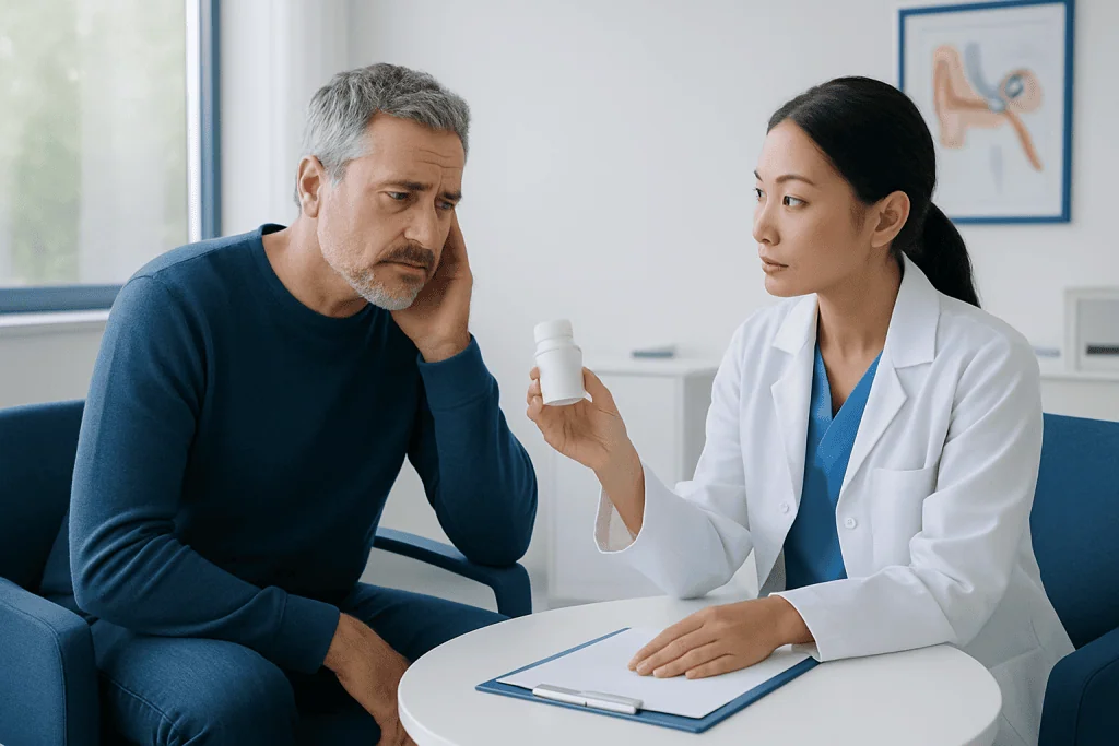 Doctor explaining medication to a patient in a clinic setting.