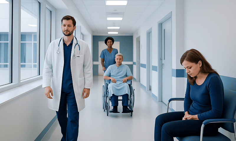 Medical team with patient in hospital corridor at Acibadem Hospitals Group.