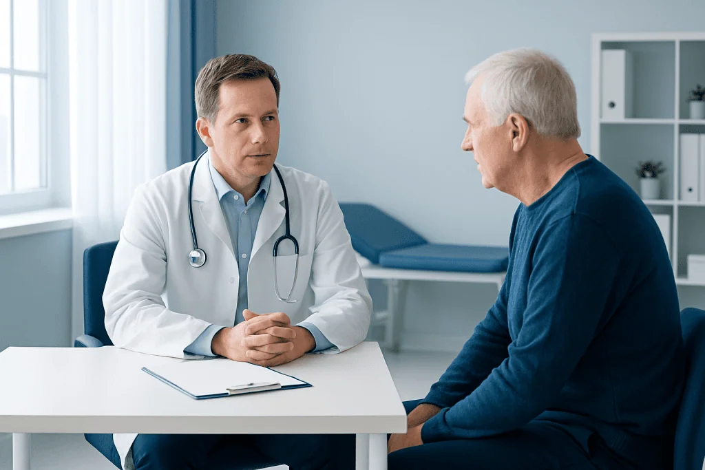 Doctor consulting with an elderly patient in a medical office.
