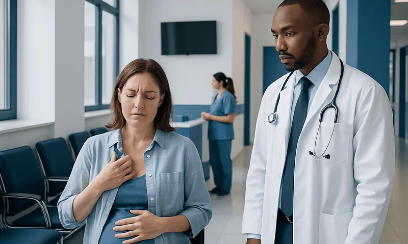 Patient experiencing nausea in hospital corridor with doctor nearby.