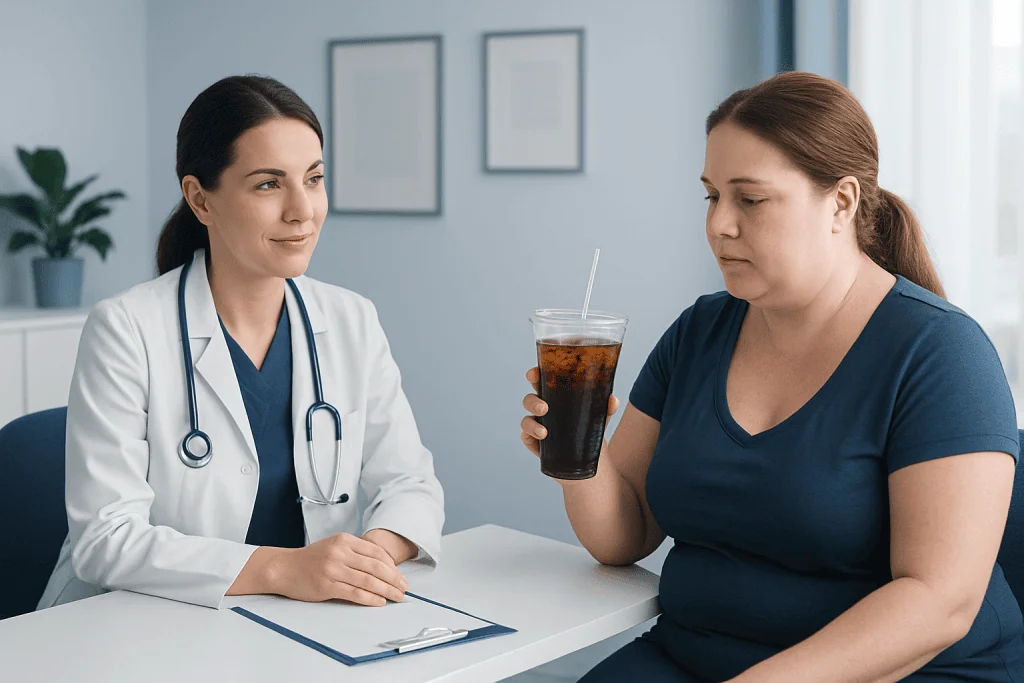 Doctor consulting with a patient about weight loss drinks in a clinic setting.