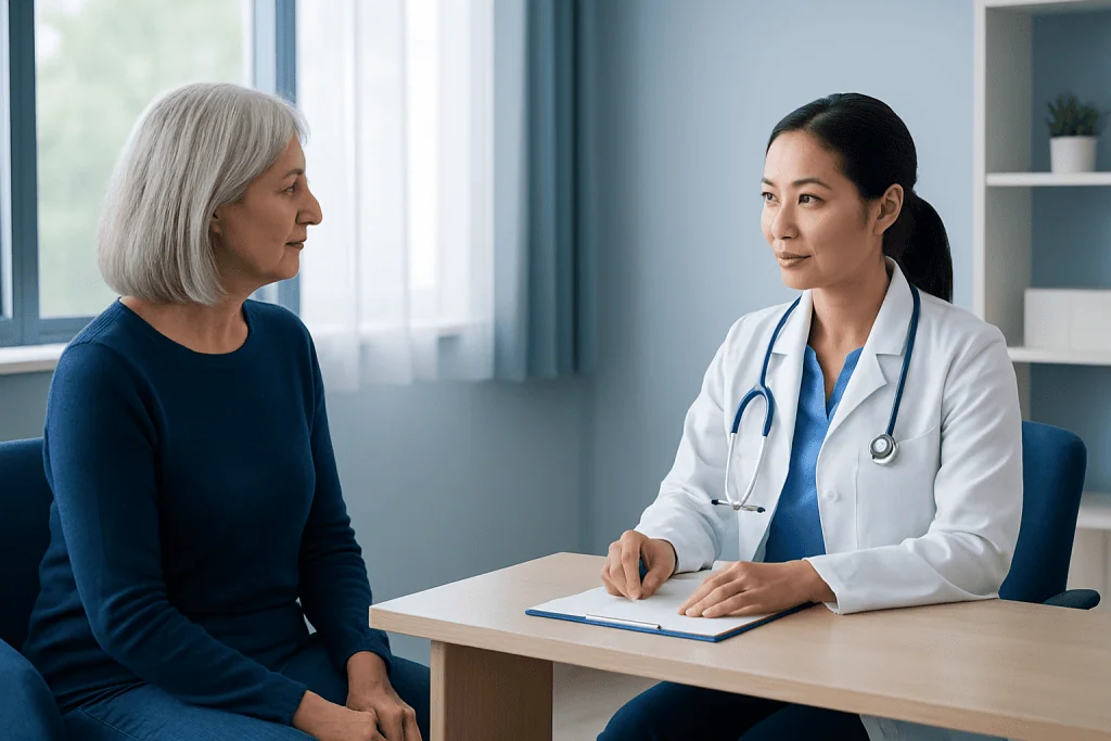 Doctor consulting with an elderly female patient in a medical office.