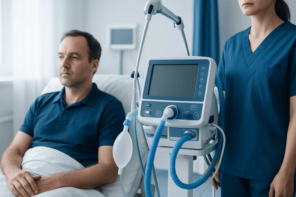 Patient in hospital bed with ventilator and healthcare professional nearby.