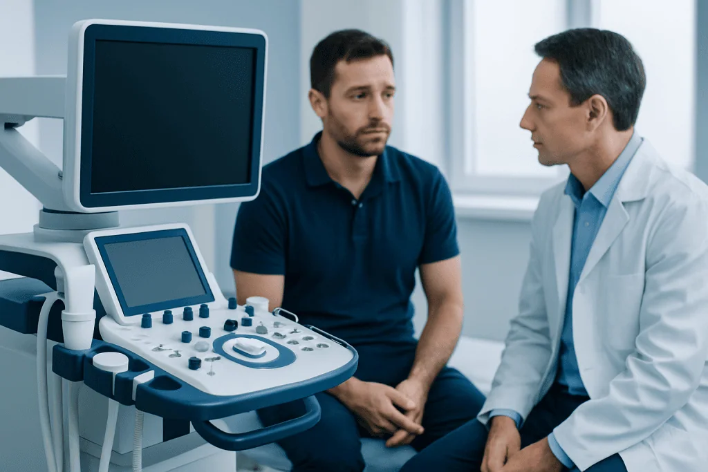 Doctor discussing health concerns with patient in a medical clinic.