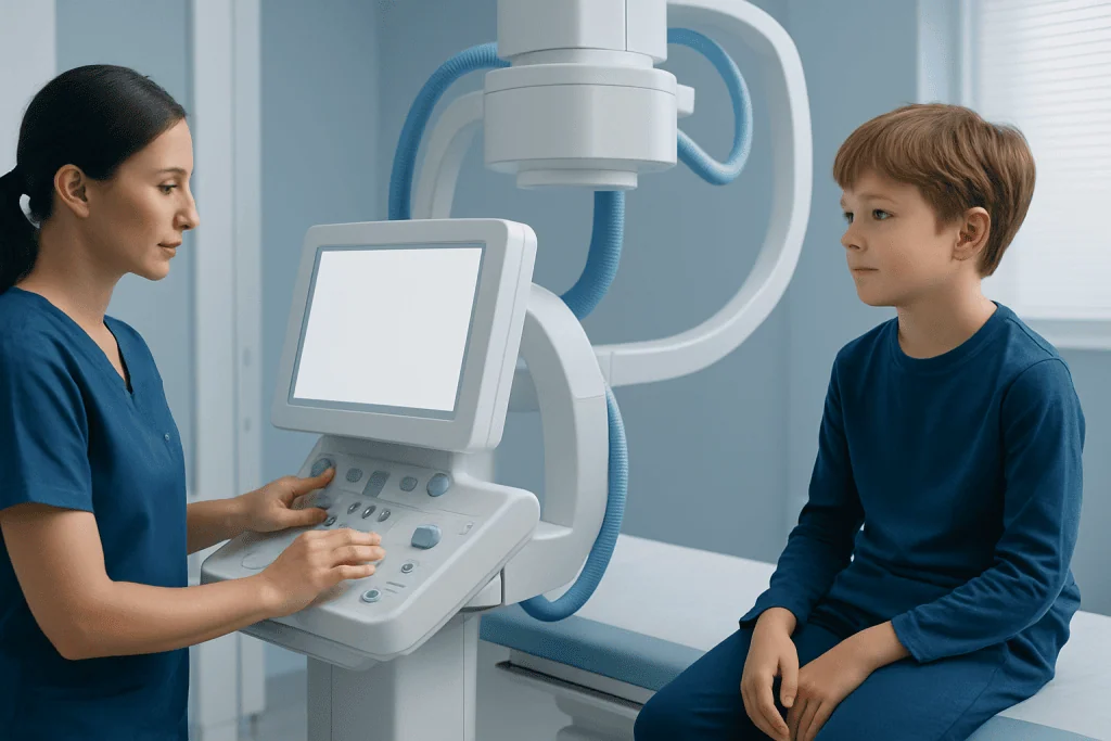 Child undergoing medical imaging at Acibadem Hospital with healthcare professional.