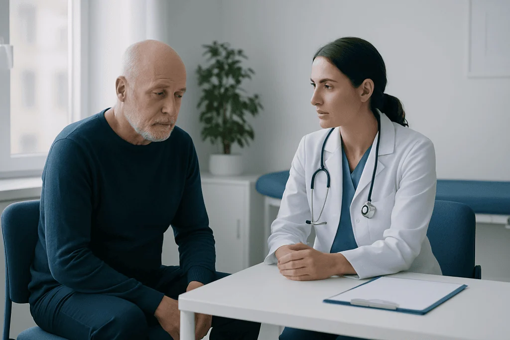 Doctor consulting with an elderly male patient in a medical office.