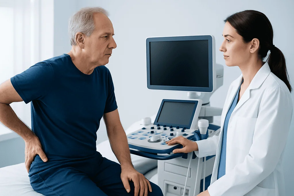 Doctor consulting with an older male patient in a medical office.