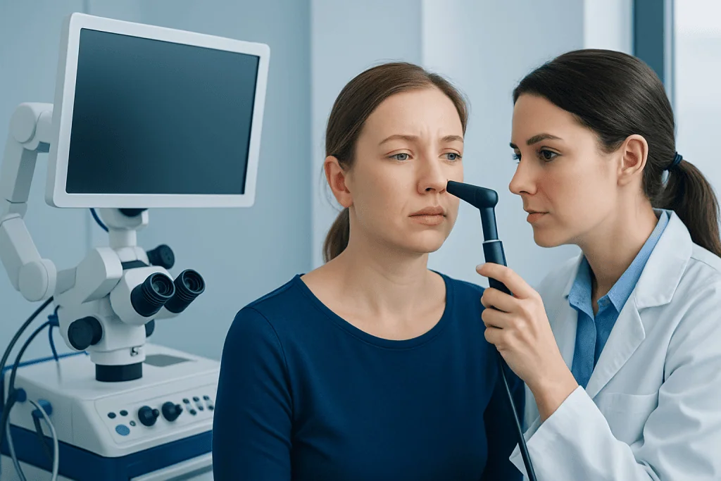 ENT doctor examining patient's nasal cavity with otoscope.
