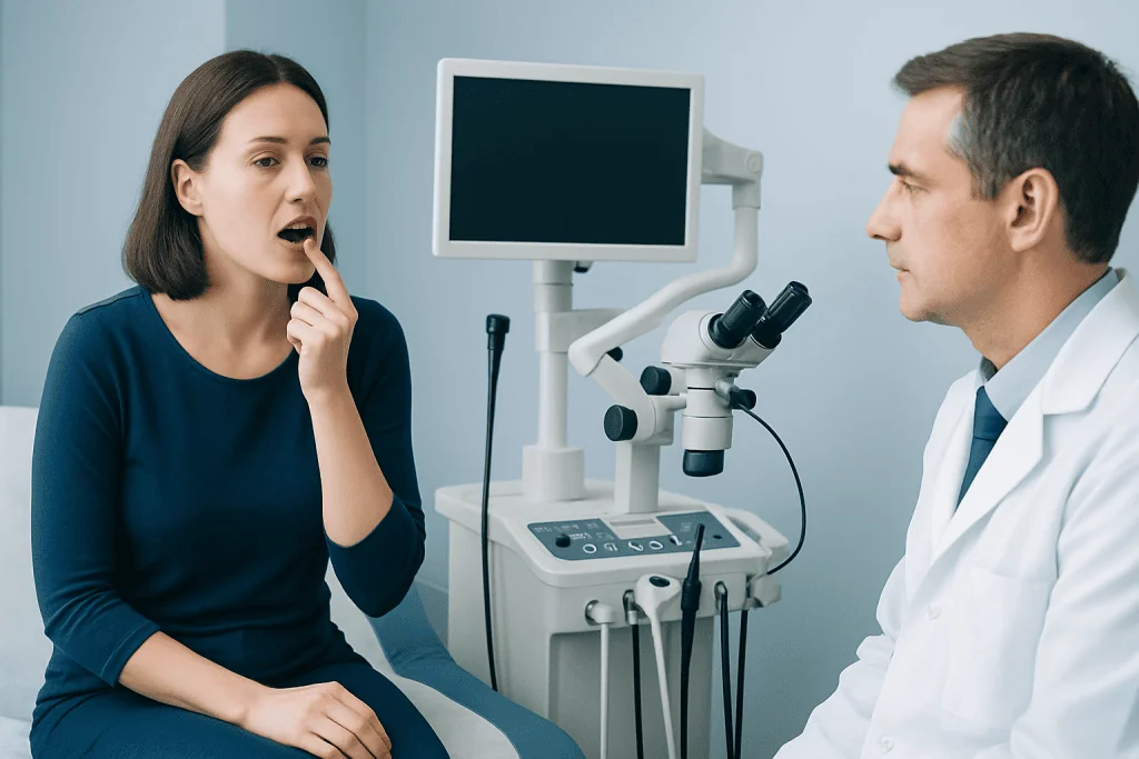 Woman consulting with doctor about throat symptoms at hospital.