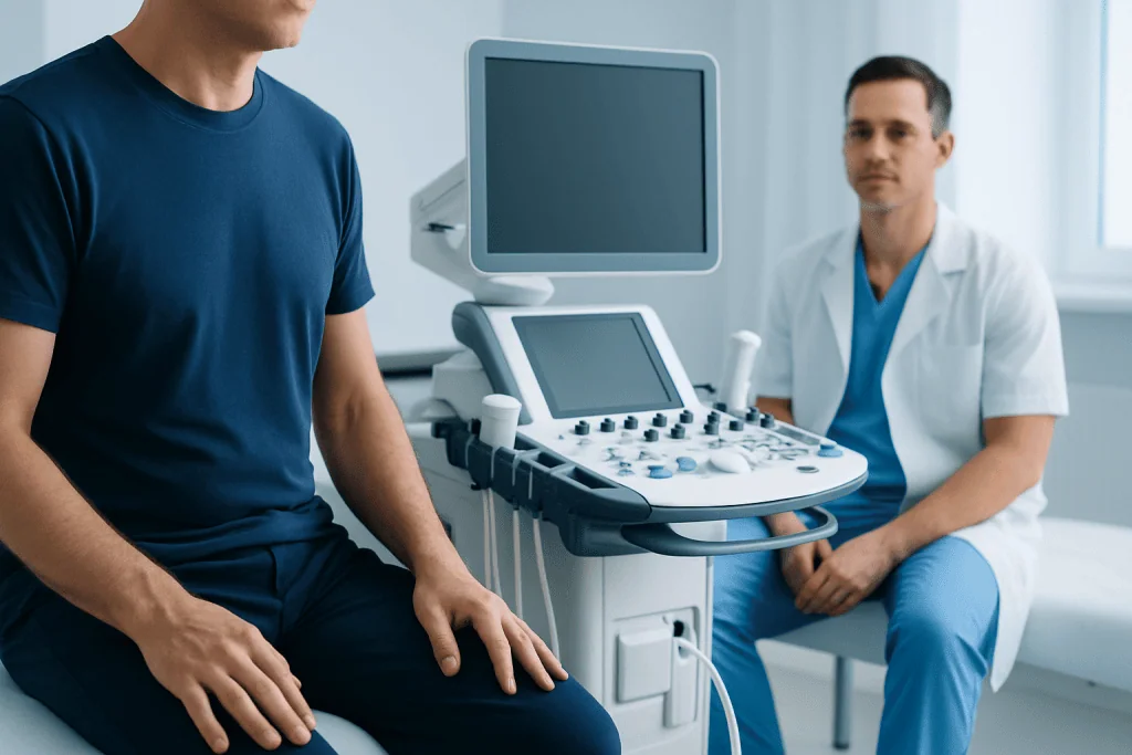 Urologist performing an ultrasound examination on a patient in a clinical setting.