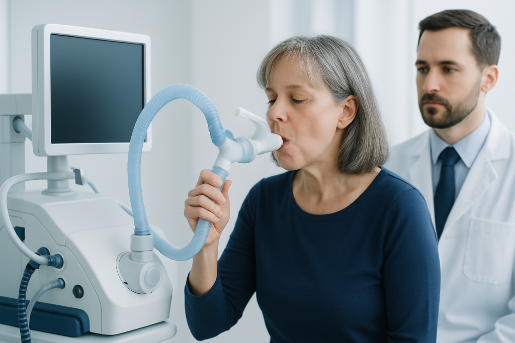 Elderly woman using a nebulizer for respiratory treatment at a hospital.