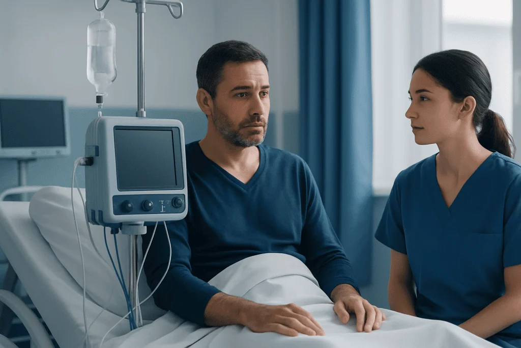 Patient in hospital bed with medical staff and monitoring equipment.