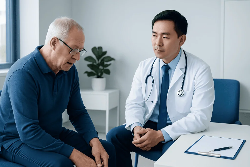 Doctor consulting with elderly patient in a medical office setting.