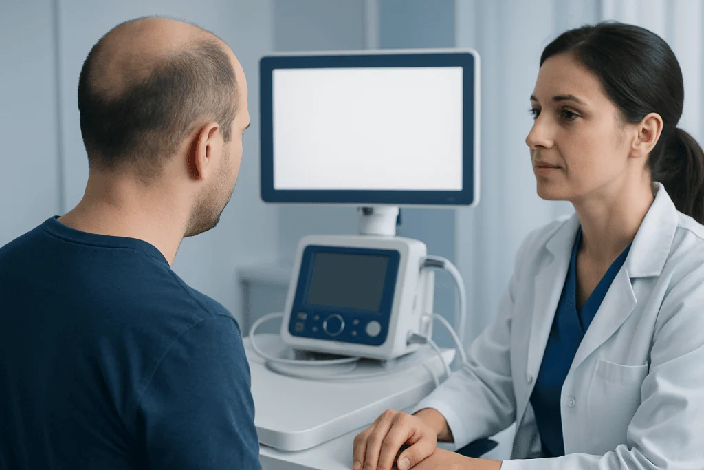 Doctor consulting with patient about hair loss symptoms in clinic.