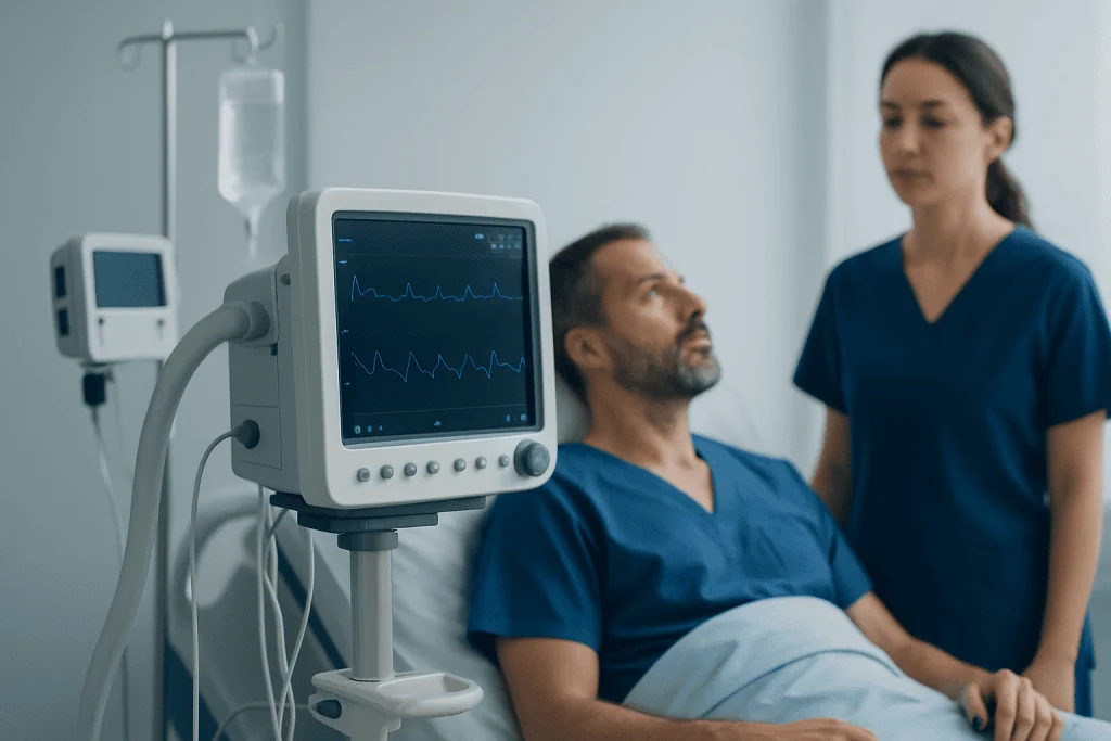 Hospital patient monitoring in a medical care setting.