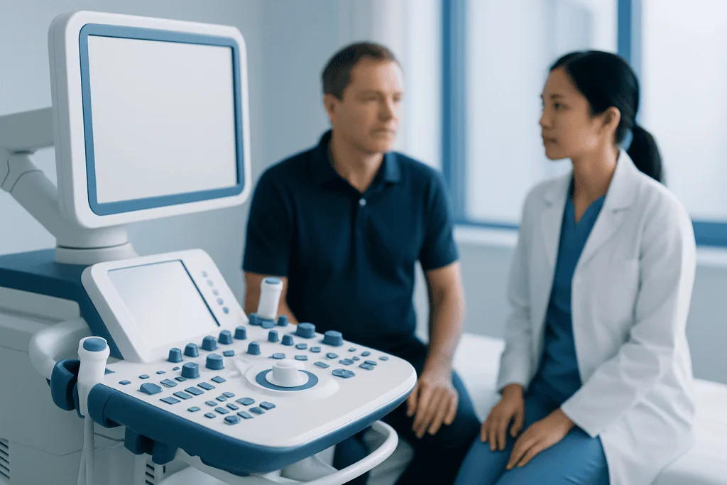 Doctor and patient discussing health in a medical consultation room.