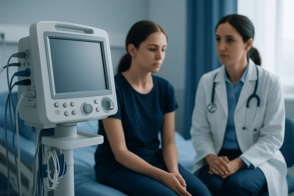 Doctor consulting a patient in a hospital room with medical equipment nearby.