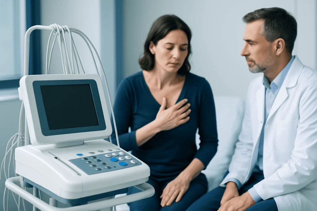 Doctor and patient discussing symptoms in a medical consultation room.