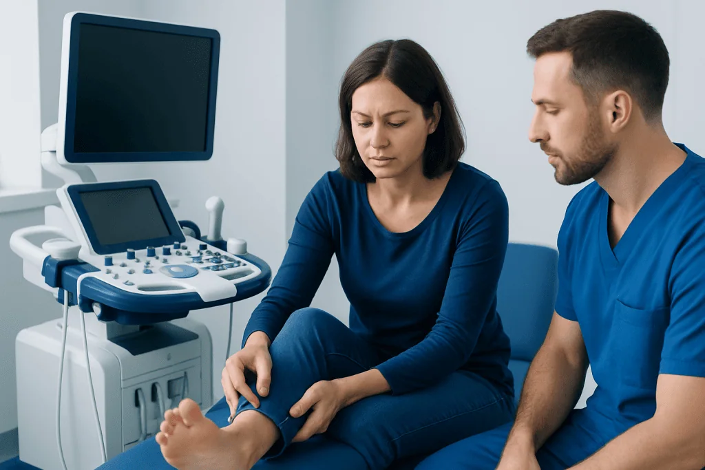 Medical consultation for foot pain with ultrasound imaging at Acibadem Hospital.