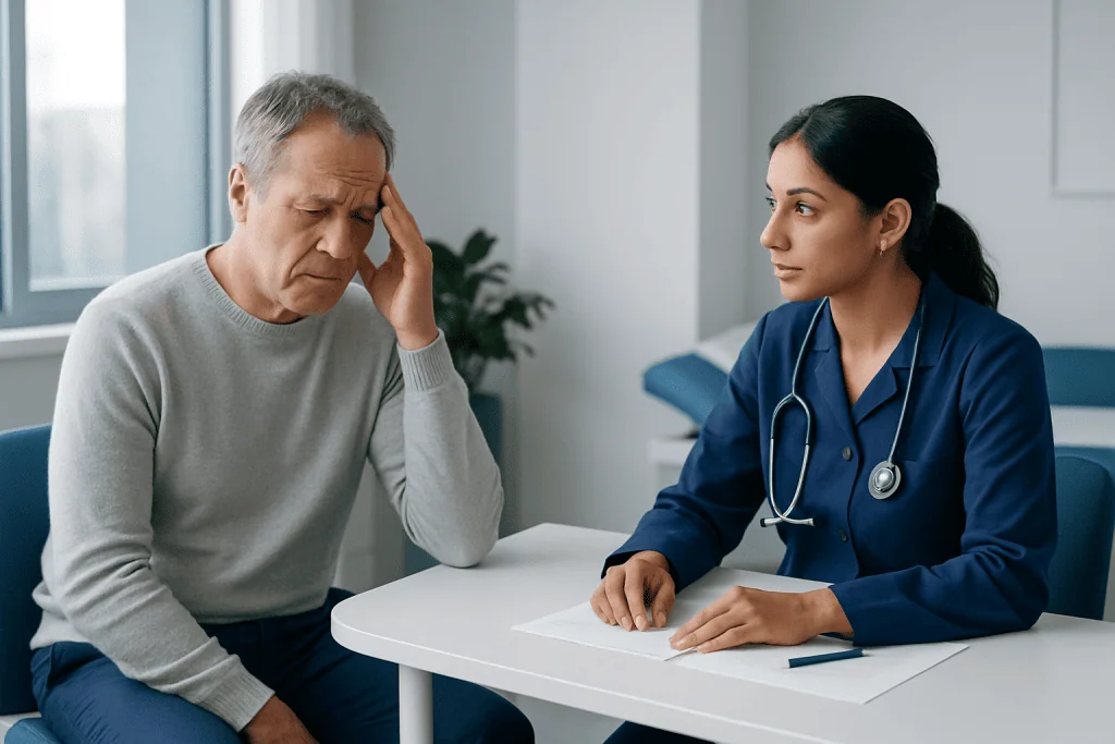 Doctor consulting with a patient experiencing headache symptoms.