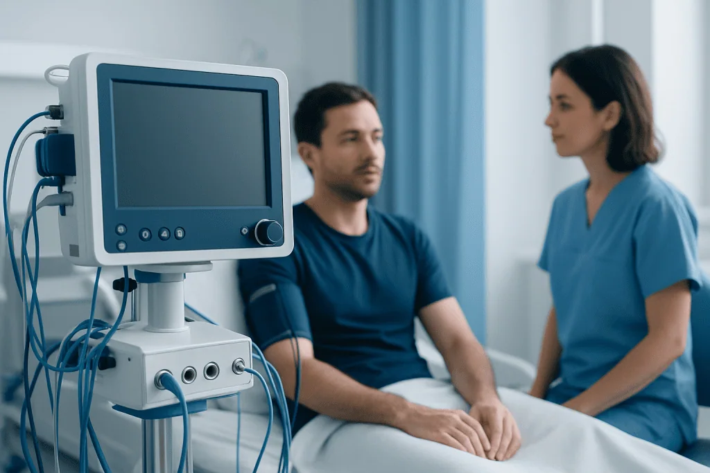 Patient in hospital bed with medical monitor and nurse attending.