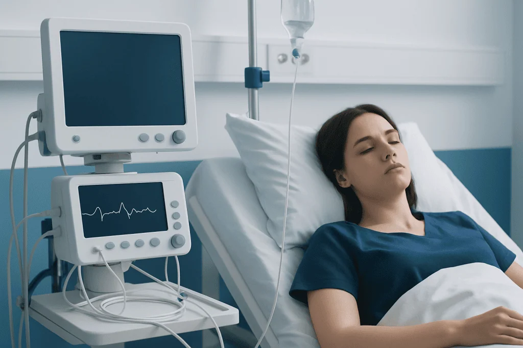 Young woman in hospital bed connected to medical monitors.