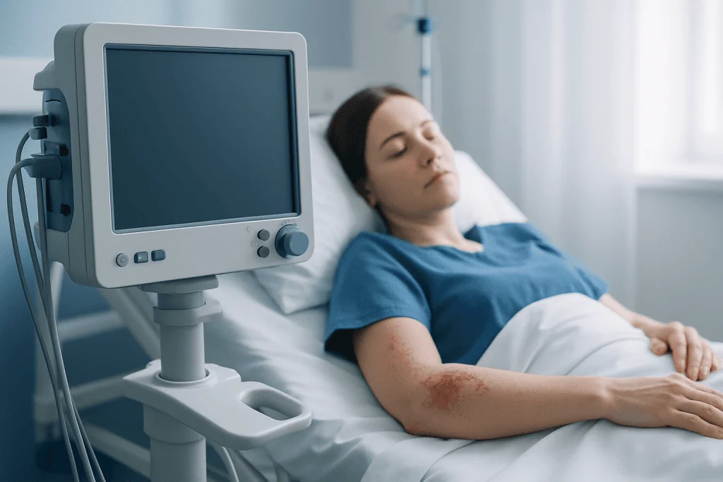 Patient resting in hospital bed with medical monitor nearby.