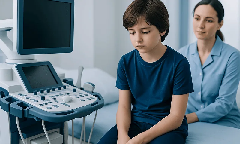 Child undergoing medical examination with ultrasound device in clinic.