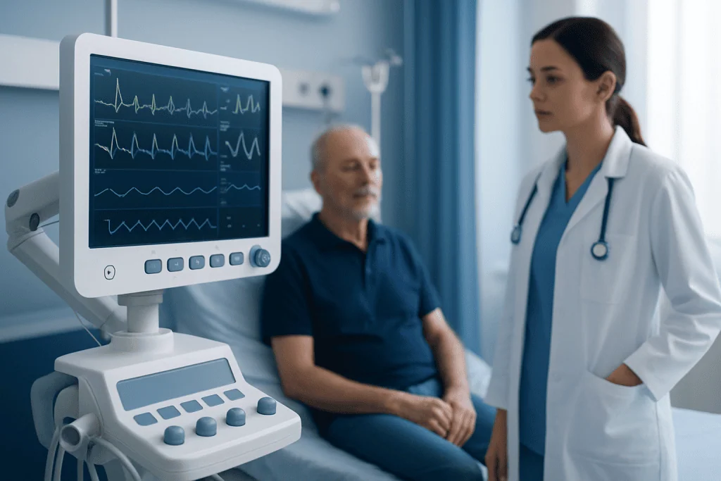 Doctor and patient in hospital with heart monitor display.