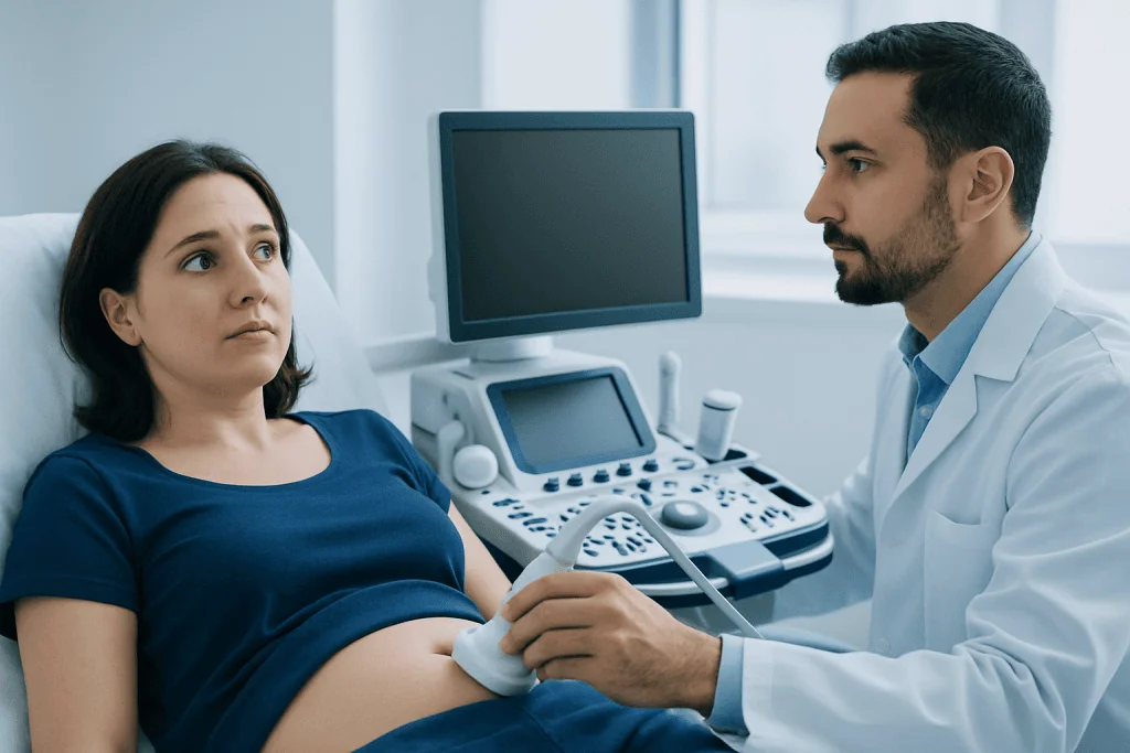 Doctor performing an ultrasound exam on a pregnant woman in a hospital.