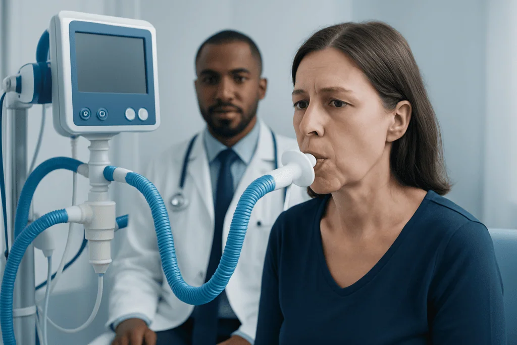 Patient using ventilator in a hospital setting with doctor in background.
