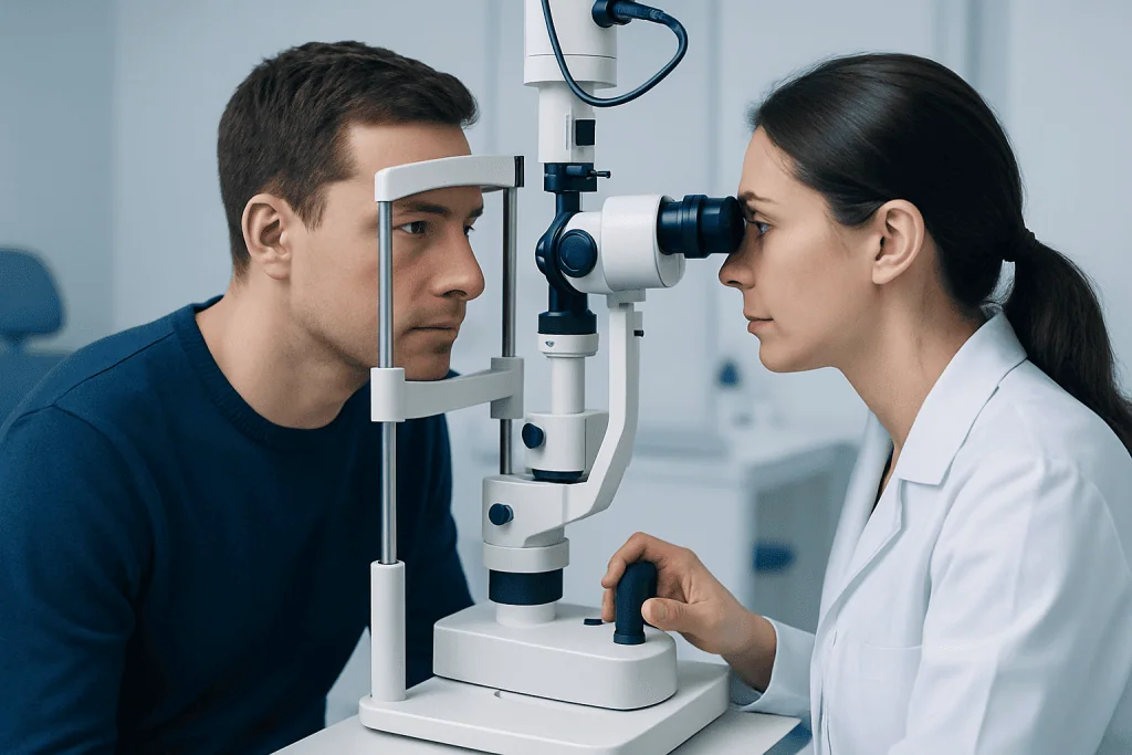Optometrist examining a patient's eyes with a slit lamp in a clinic.