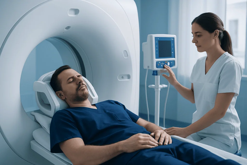 Patient undergoing a CT scan at Acibadem Hospital for neurological assessment.