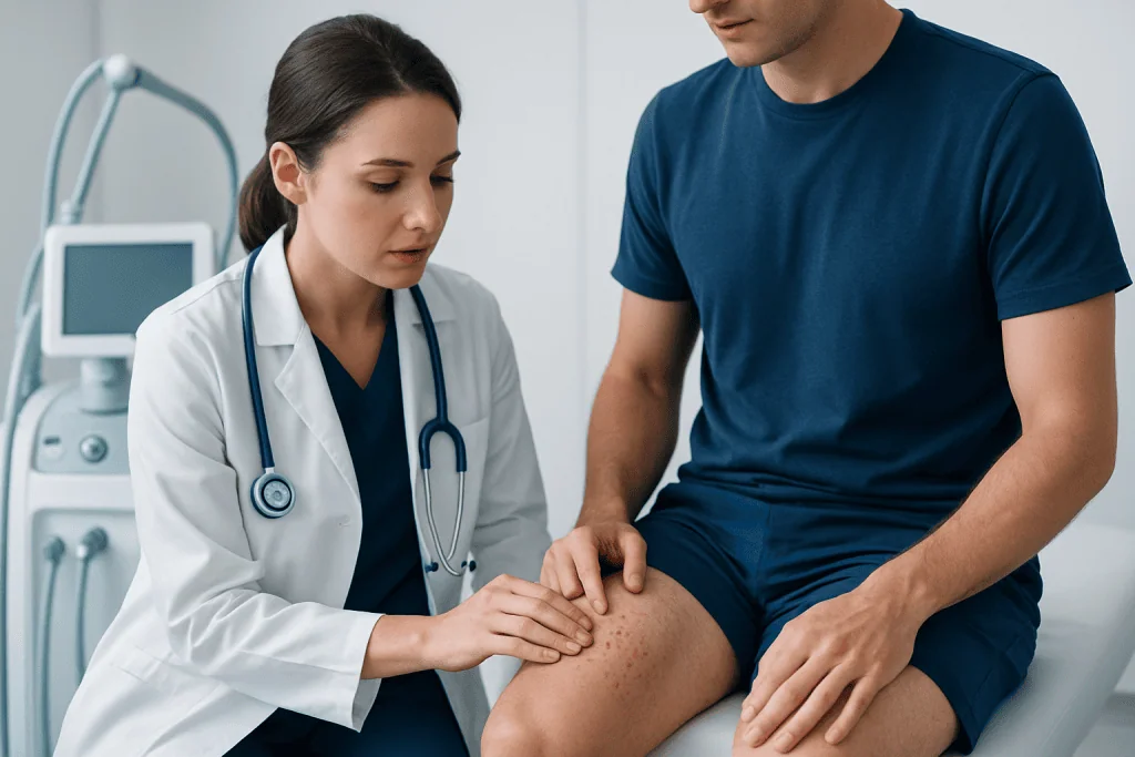 Doctor examining patient's skin for folliculitis symptoms in clinic.