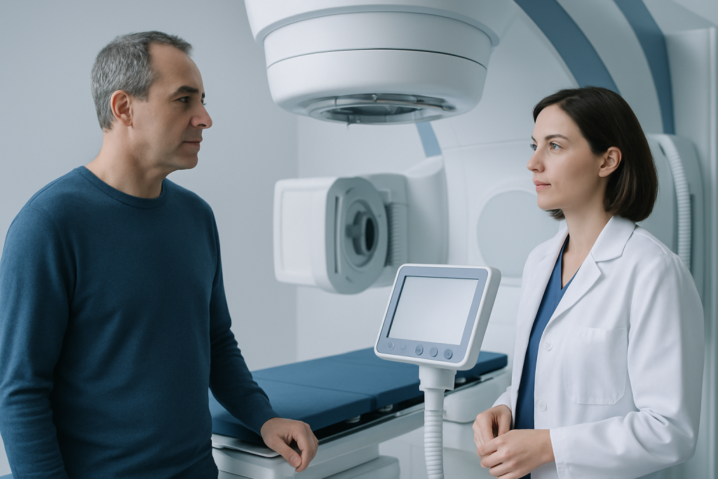 Medical professional explains imaging results to patient in hospital.